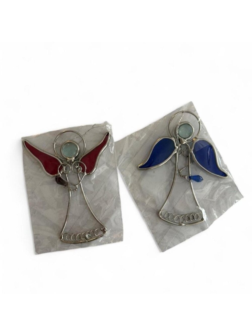 Bundle of two vintage Stained glass angel ornaments with red/blue wings